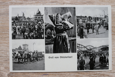 AK München / 1936 / Gruss vom Oktoberfest / Holz Hochbahn / Münchner Kindl / Bierzelte / Bierkutschen / Bavaria